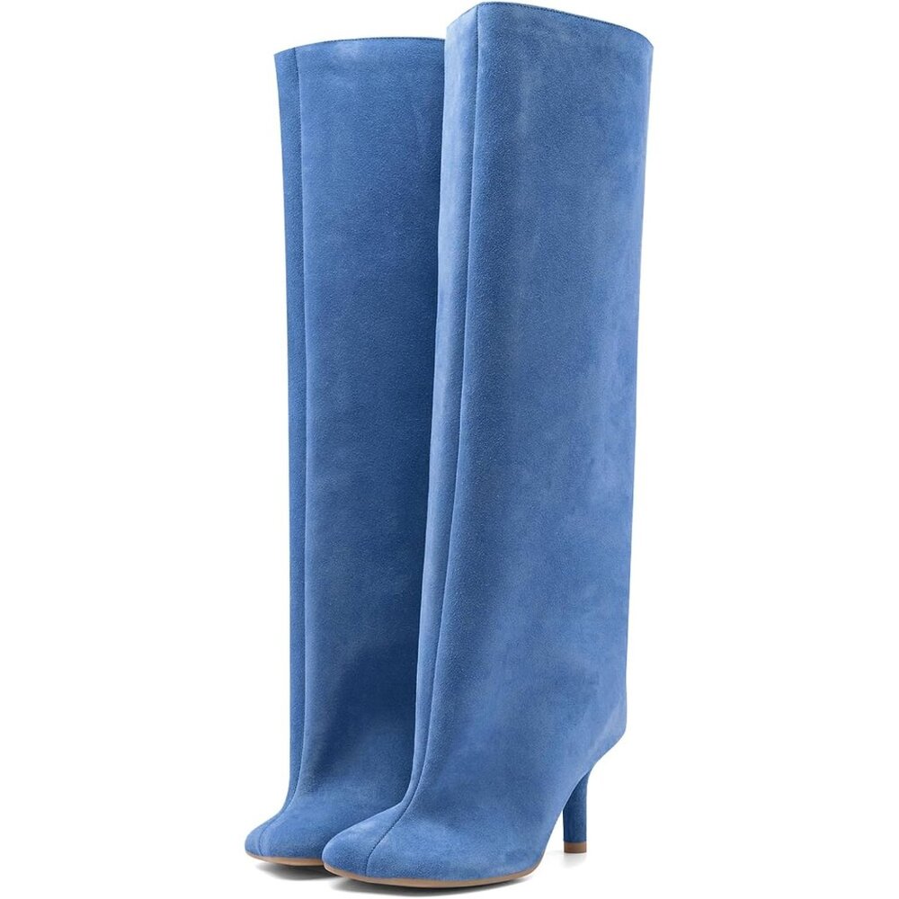 Women's Blue Wide Calf Square Toe Stiletto Heels Knee High Suede Boots